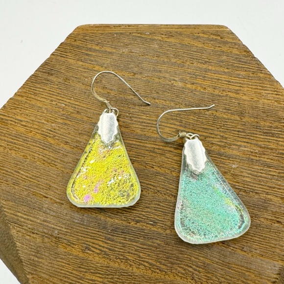 Iridescent recycled glass triangular sterling silver dangle earrings whimsical - Picture 3 of 11